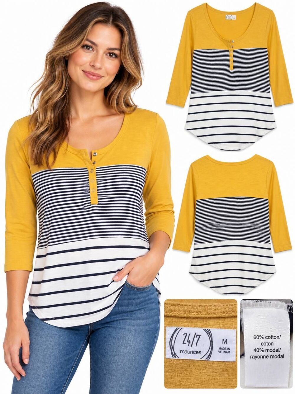 Maurices M Mustard Stripe Henley 3/4 Sleeve Top